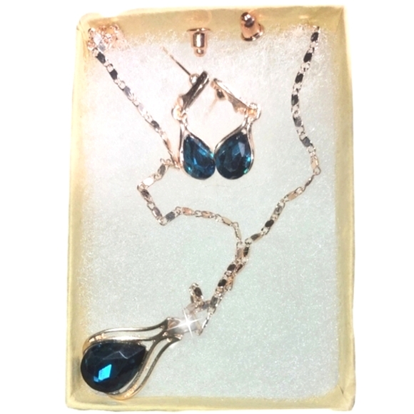 Necklace Set Cyan Blue Cubic Zirconia Rose Gold - Picture 7 of 15